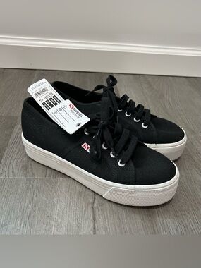 Superga Black Canvas Platform Sneakers with White Sole